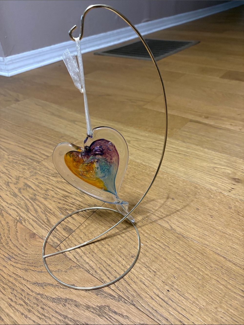 Handblown Glass Heart Ornament in Multicolor with gold  Stand